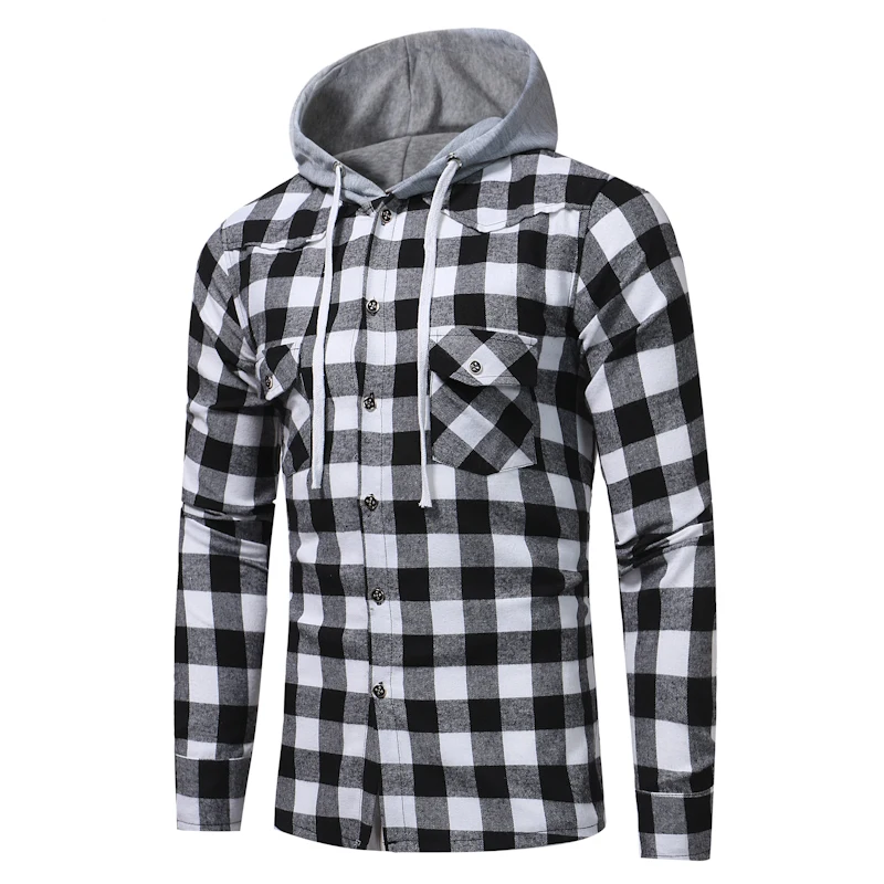 

Wholesale 2021 Autumn winter Casual hip hop classic grid hooded long-sleeve shirt with hat young male hoody shirt jacket