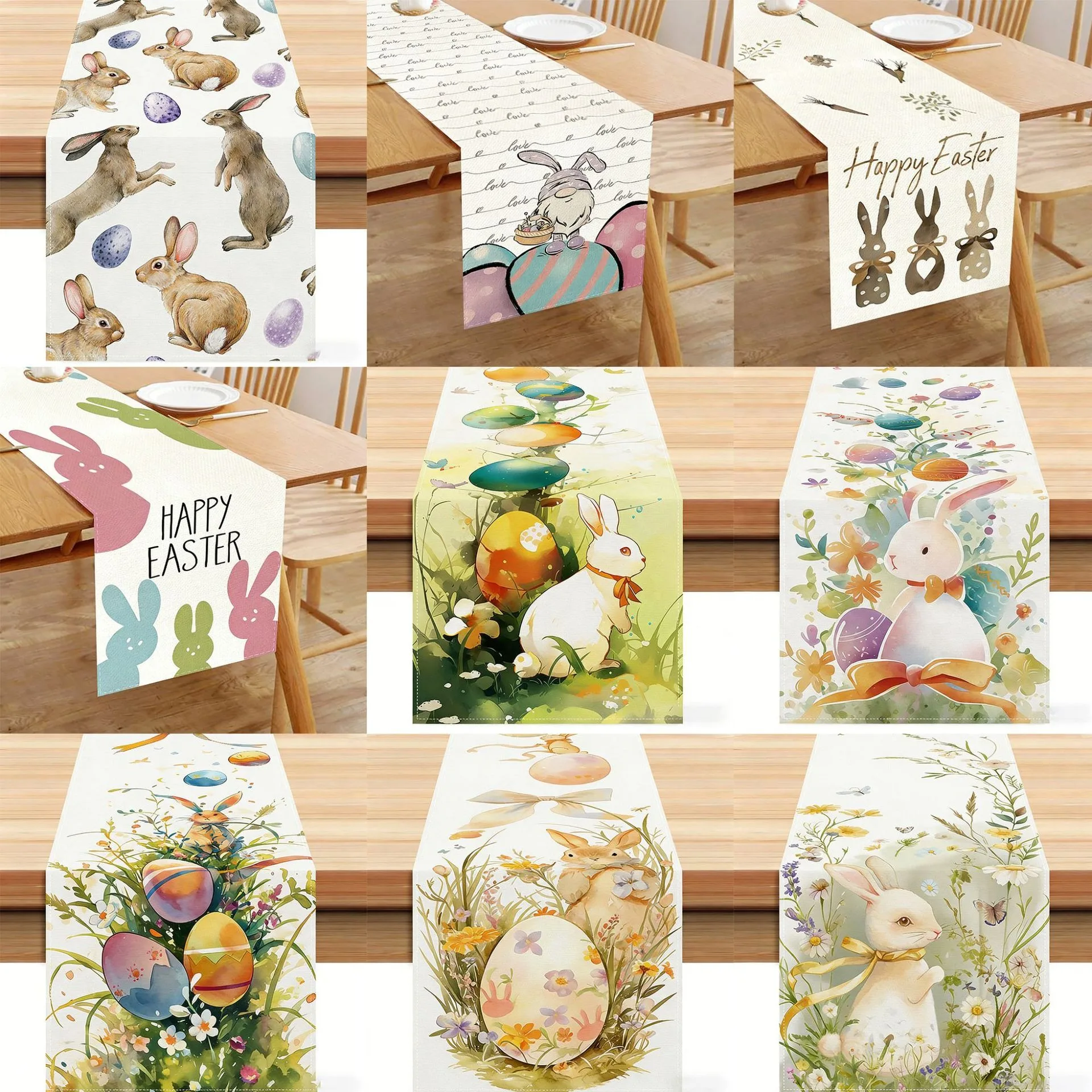 

Happy Easter Table Runner Watercolor Bunny Rabbit Easter Egg Table Cover for Holiday Party Kitchen Dining Room Home Decoration