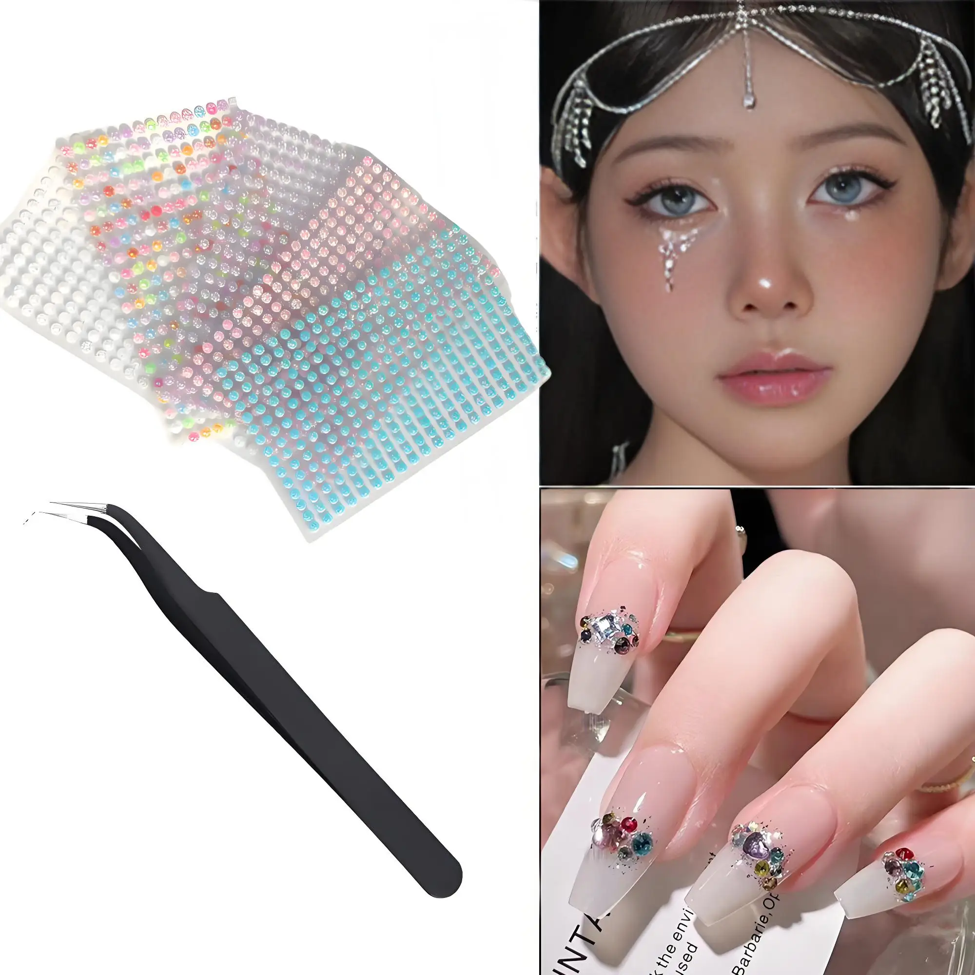 Face Nail Rhinestone Decor Sticker for Carnival Music Festival Stage Performance Makeup Decor with Tweezers Rhinestone Sticker