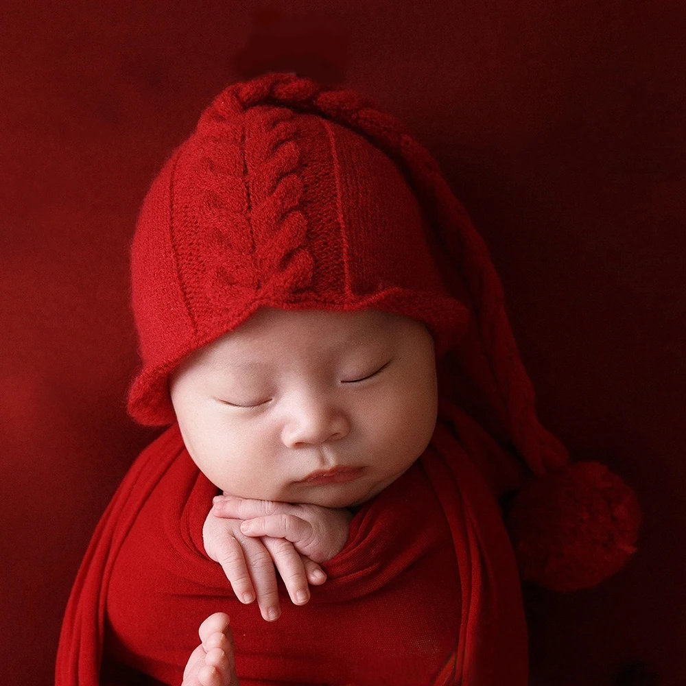 Properti fotografi bayi, aksesori fotografi bayi baru lahir, bedong pembungkus kepala lembut merenggang, aksesori fotografi bayi tema merah 6 buah/set