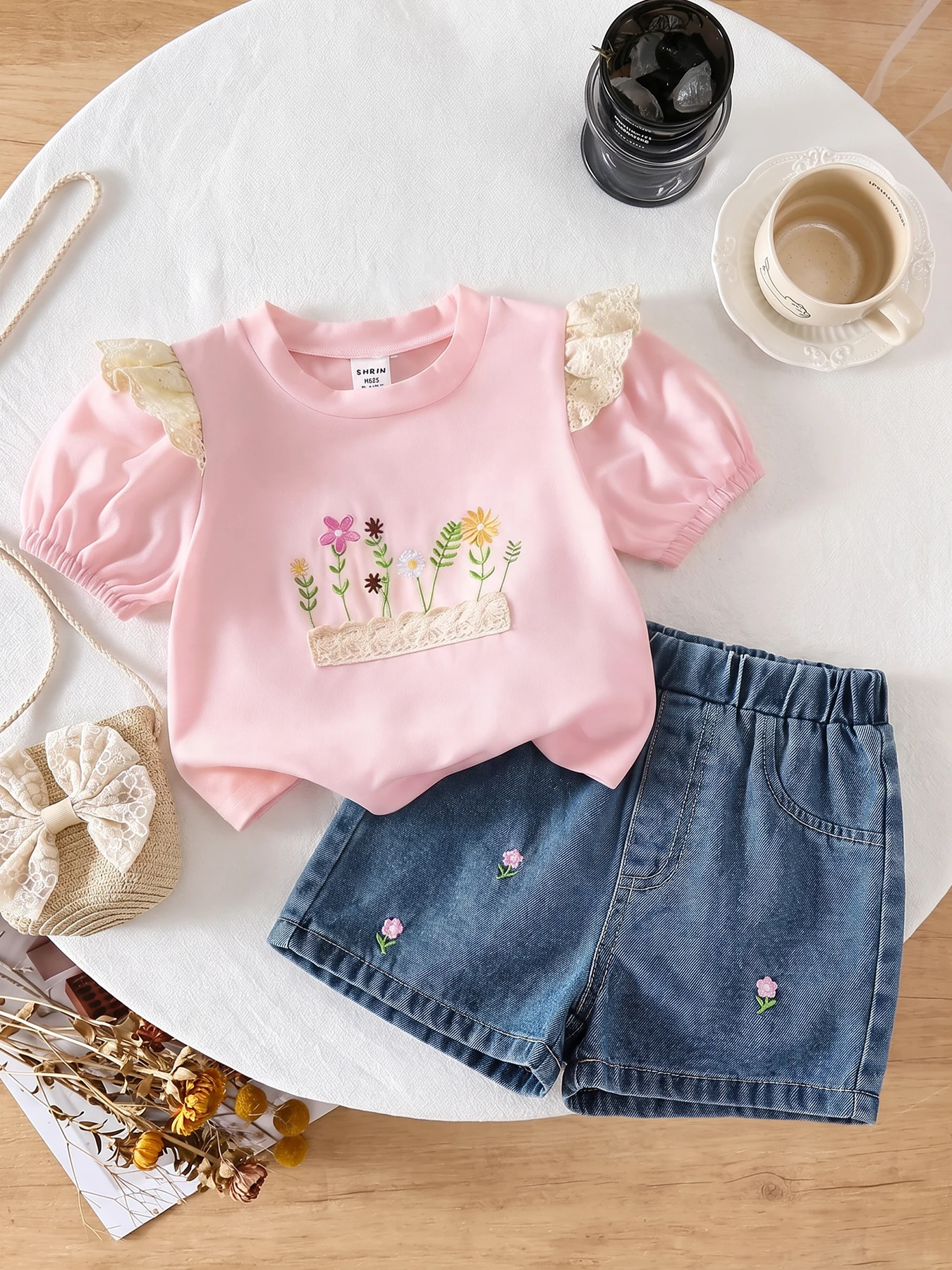 Toddler Girl Floral Embroidery 2‑Piece Set Lace Puff Sleeve Top & Denim Shorts
