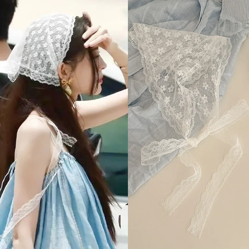 Women French Country Style Lace Mesh Triangle Scarf Spring Summer Floral Hair Scarf Elegant Headwrap Bohemian Hair Accessories