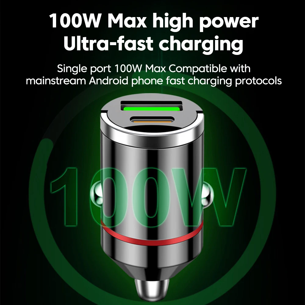 

100W Dual Port Mini Ring-Pull Car Charger USB Type C Fast Charging Car Phone Charger Adapter for iphone Samsung Huawei Xiaomi