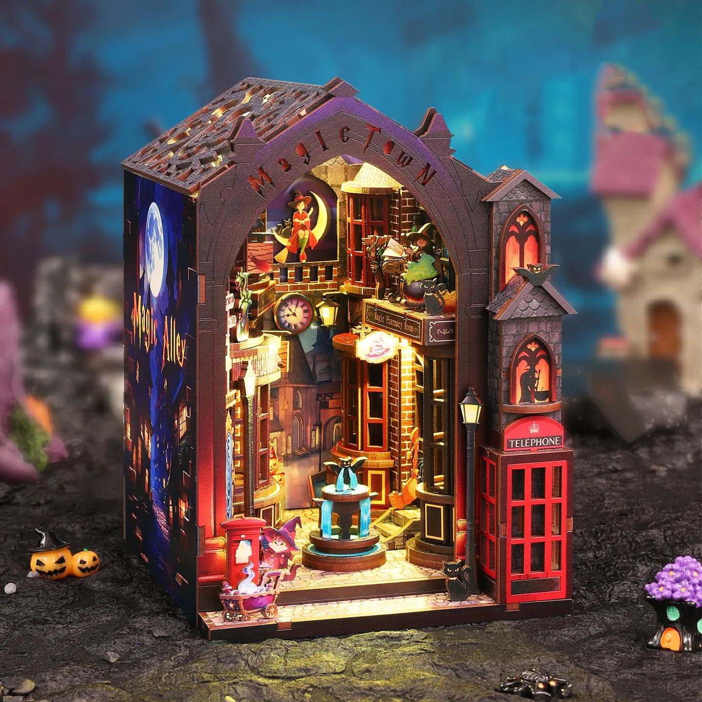 DIY Wooden Book Nook Figurines Miniatures Magic Alley Bookend with LED Light for Friends Birthday Gifts Home Decor Crafts