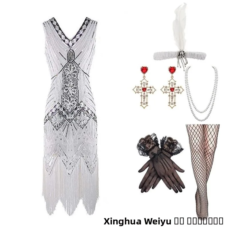 920s eat Gatsby Evening Dr Tassel Large Size V-ne Dr Set Banquet Gown Ele Retro Sle Women's Faion