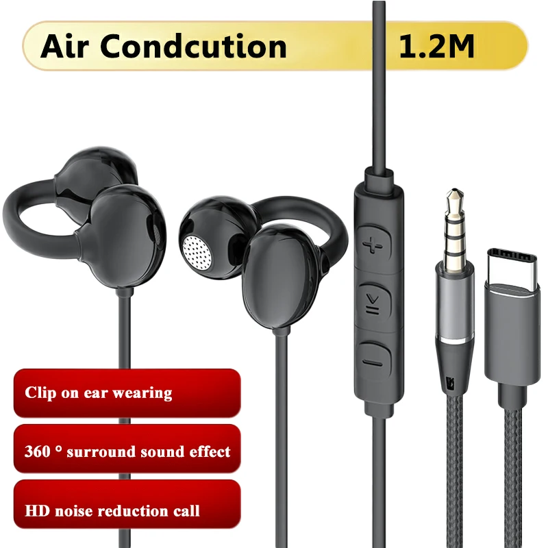 Wired Open Ear Headphones 3.5mm/Type-C Air Conduction Ear Clip  Headset Hifi Sound Gaming Music Earphones with HD Microphone