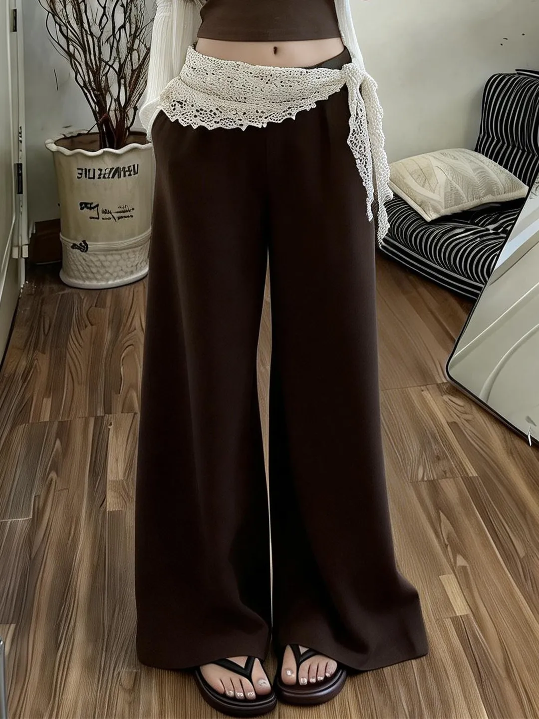 

Deep Brown High Waist Draped Wide Leg Casual Pants Women Summer Thin Fashion Straight Tube Match Long Pants Casual Trousers