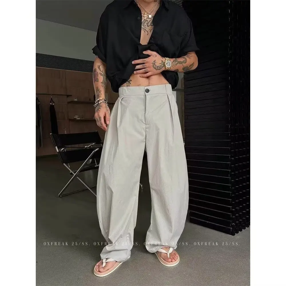 Summer Textured Nylon Drape Wide Leg Trousers Men's Loose Casual Top