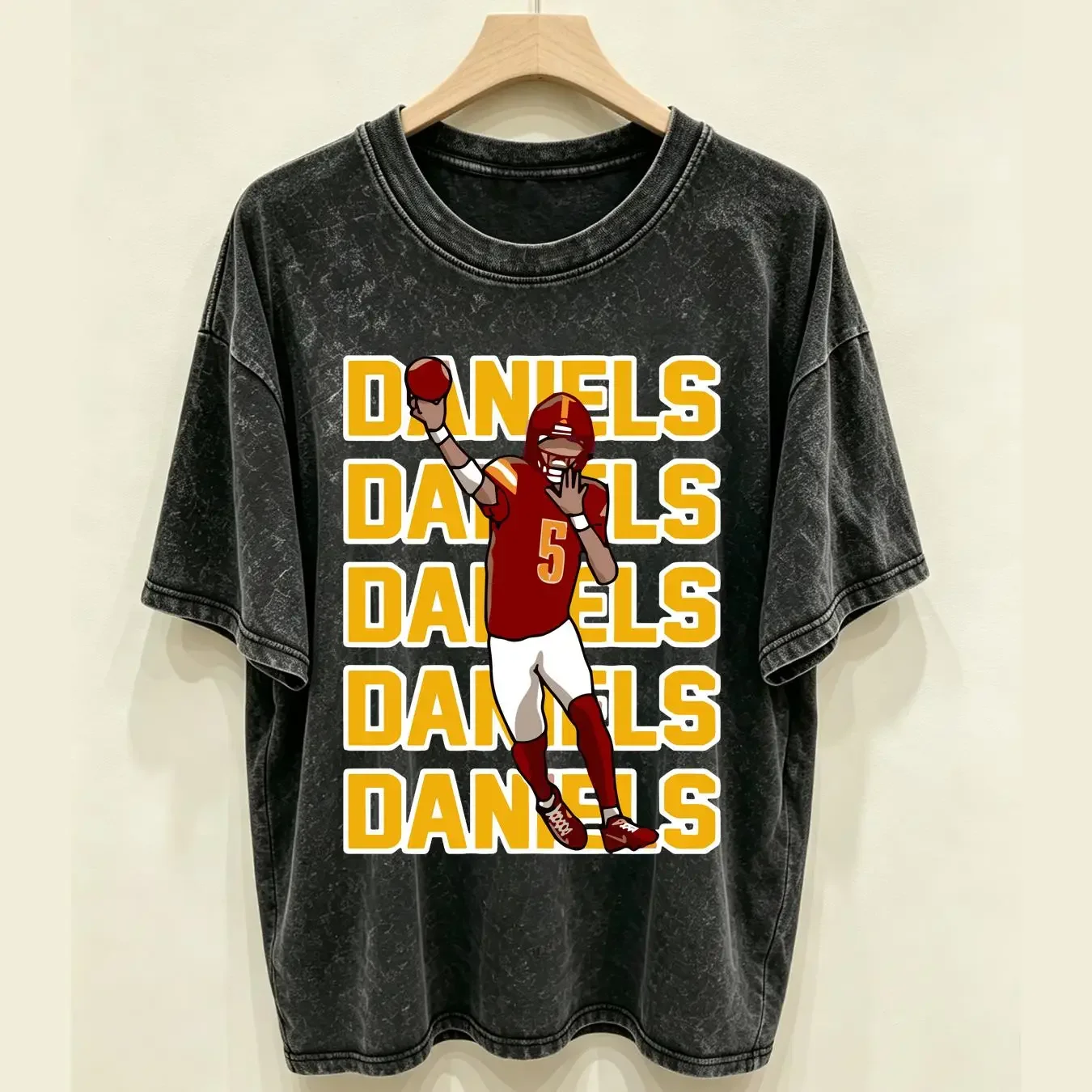 washed T Shirt Jayden Daniels Text Pic long or short sleeves vintage Washed homme Soft Top For Everyday Wear Slightly