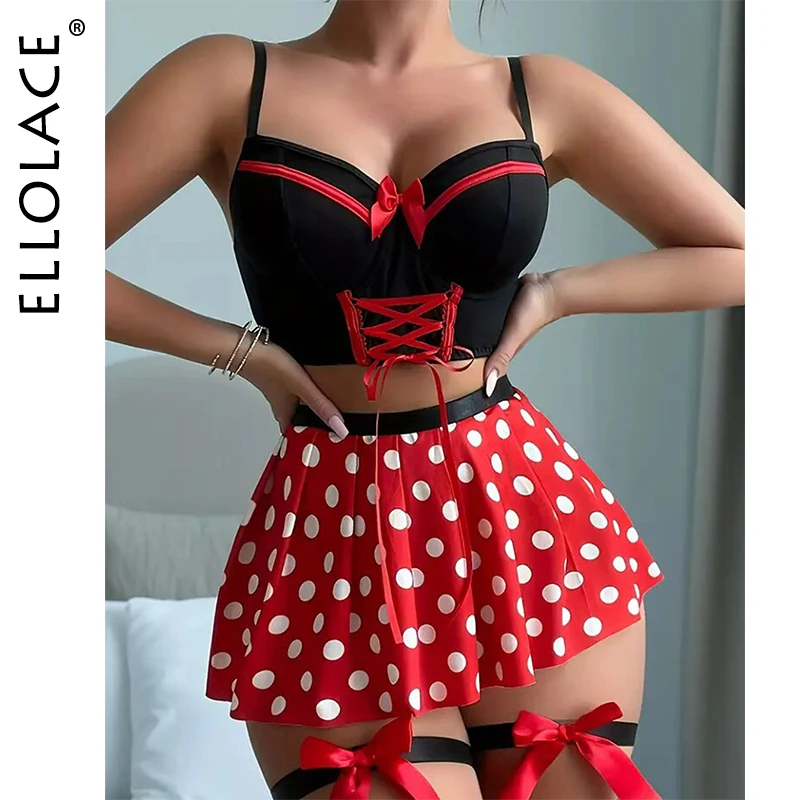 

Ellolace Cosplay Sexy Lingerie Beautiful Princess Bra Thong Skirt 3PC Set Cute Girls' Dot Winnie Intimate Women's Underwear