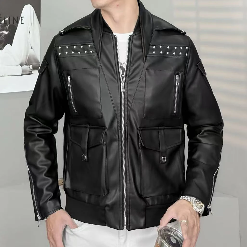

Rivet Decoration Jacket Men Black Jacket Coat Jaqueta Bomber 2025 New Top Quality Luxury Patchwork Punk Club Outfit Jacket