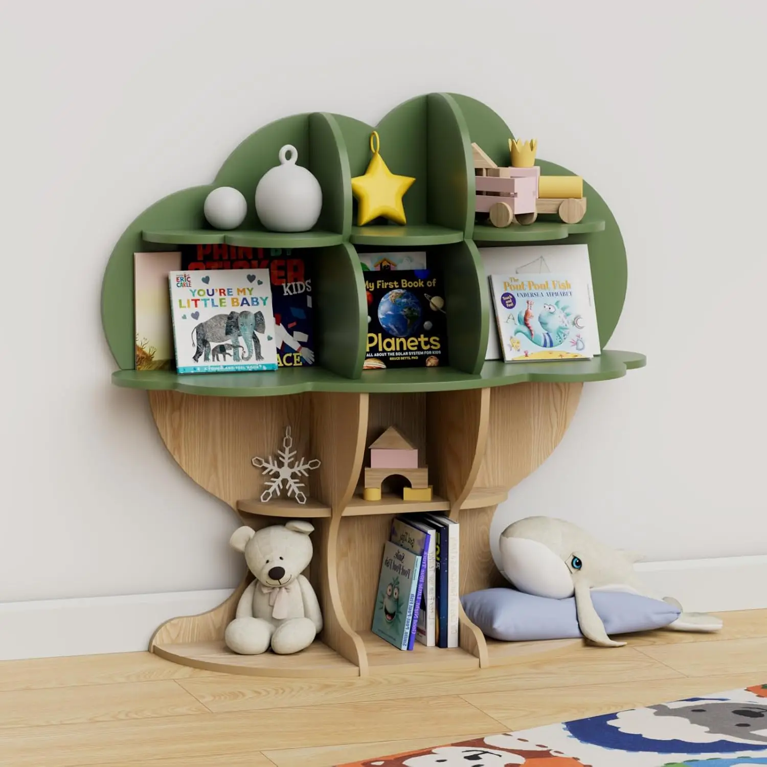 Tree Kids Bookshelf Toddler Bookcase 4-Tier Baby Book Rack Children Toy Storage Organizer Wood Display Shelf for Nursery Playroo