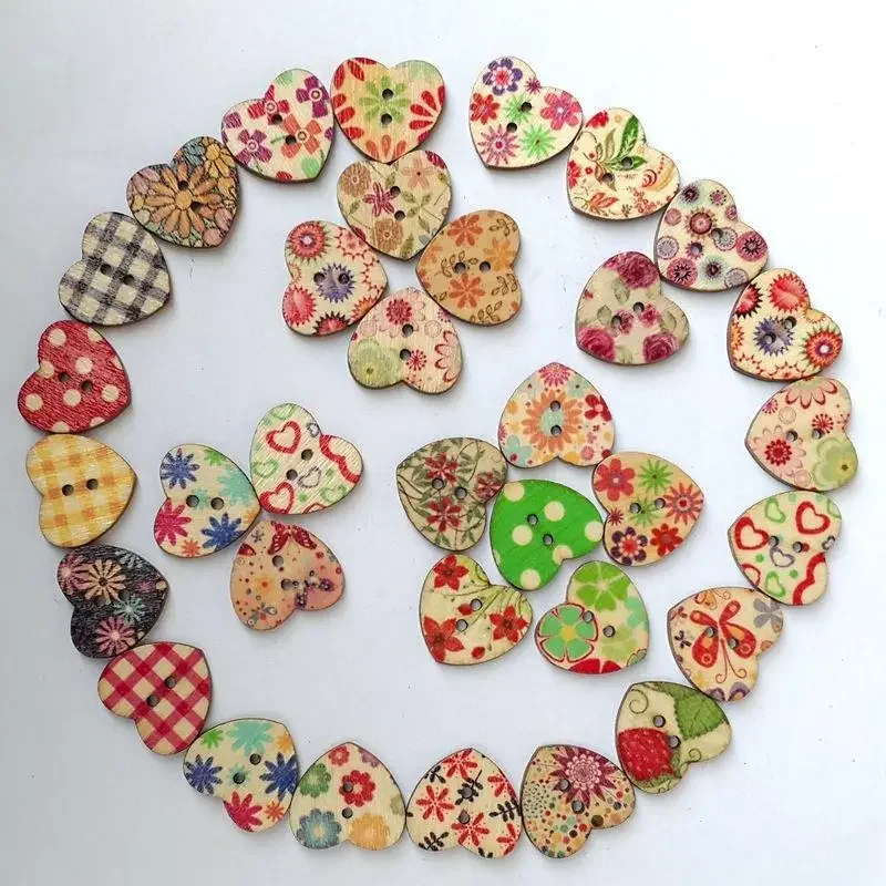 

20MM 100 Multicolor Heart Shape 2 Holes Wood Sewing Buttons Scrapbooking Knopf Bouton