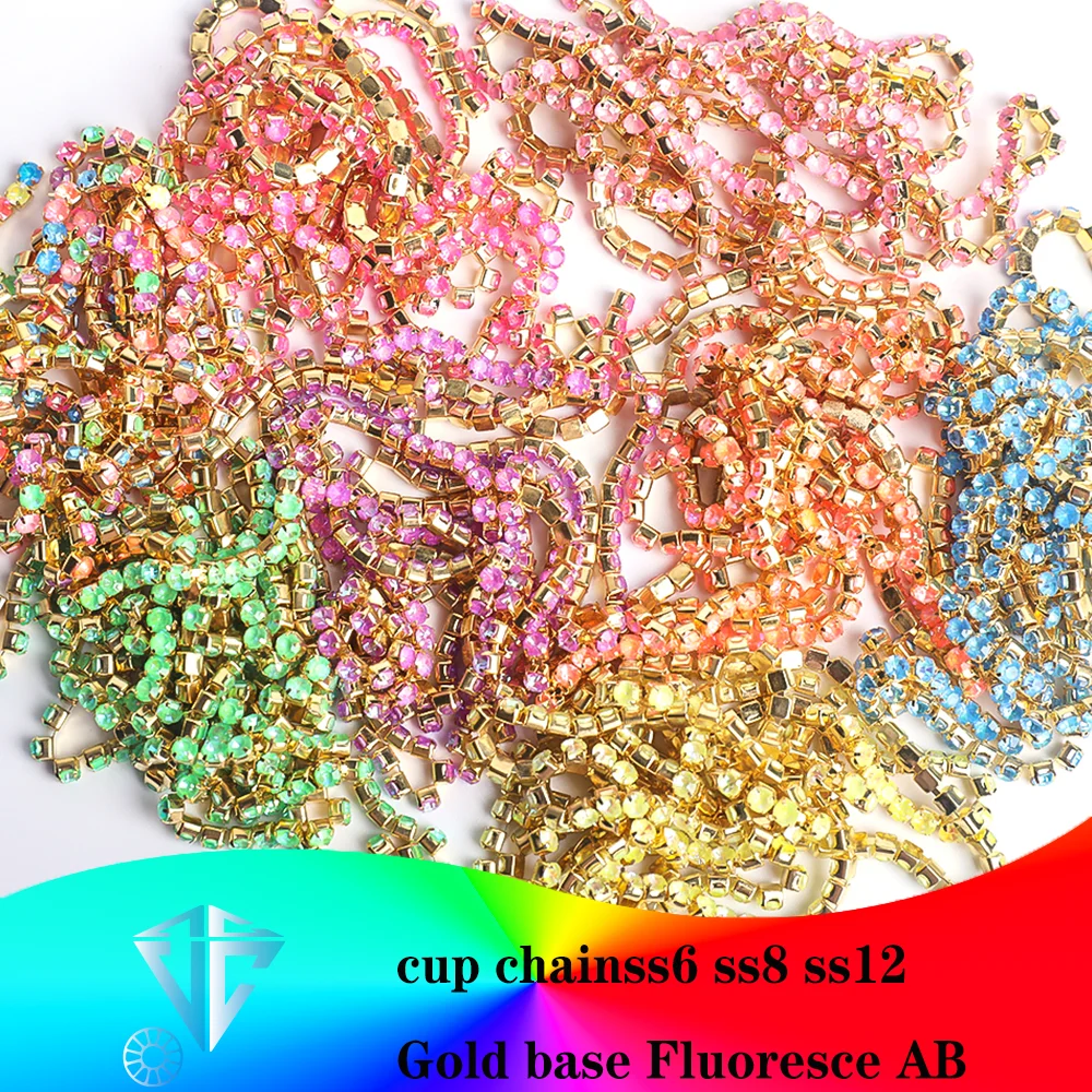 VC Gold Base Fluoresce AB Glass Crystal Rhinestone Cup Chain Sew On Diamond Close Chains Glitter Trim Sew On Garment