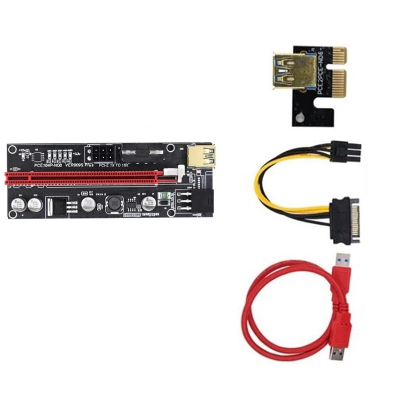 PCI-E Riser VER009S Plus GPU PCIE Card PCI E X16 To X1PCI Express Adapter Card 6Pin To SATA USB3.0 With LED Lights