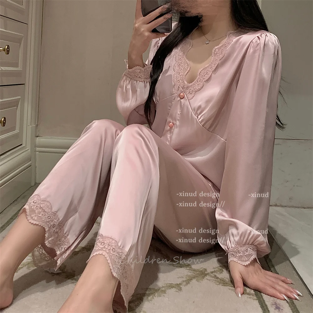 

V-Neck Lace Up Sleepwear Women Rayon Home Clothes Long Sleeve Top&pants 2Pcs Loungewear Sexy Trousers Suit Elegant Nightgown