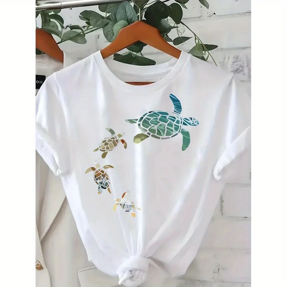 

Women's Round Neck T-shirt, 100% Cotton, Cute Sea Turtle Print T-Shirt For Women - Casual Summer Beachwear| Short Sleeve Tee