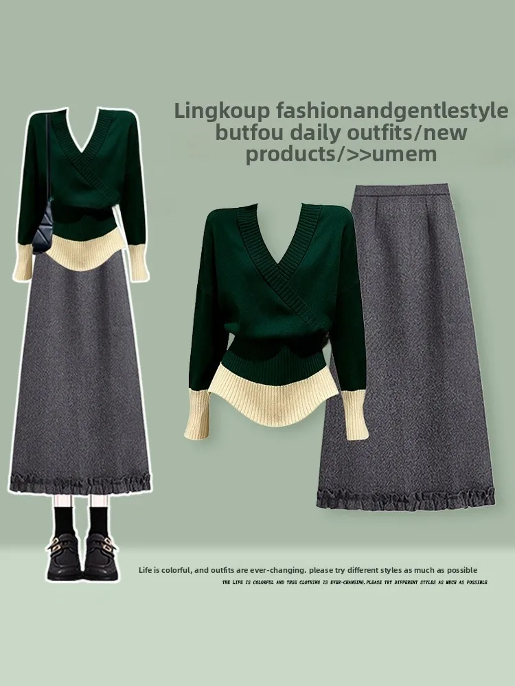 

Elegant plus Size Knitted Sweater And Skirt Set for Women Slimming Design Autumn Winter Fashion Two Piece Suit