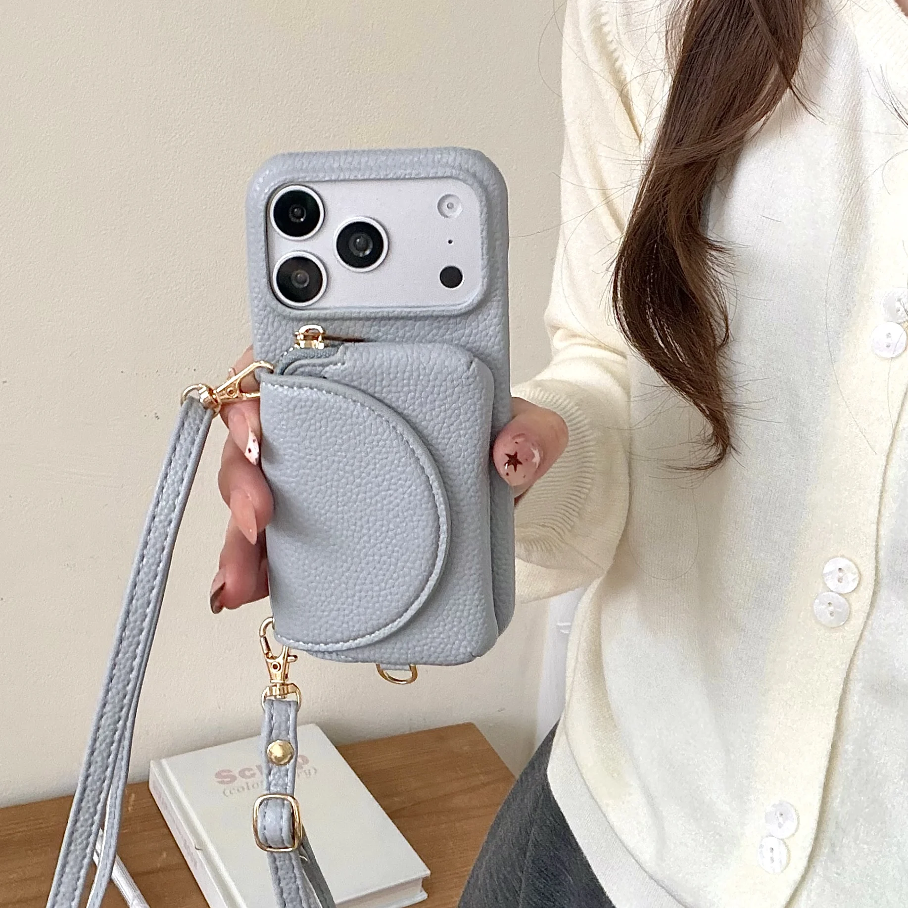 

Crossbody Long Lanyard Leather Cards Solt Wallet Case for iPhone 17 Pro Max 16 Plus 15 14 13 12 11 Built in Makeup Mirror Cover