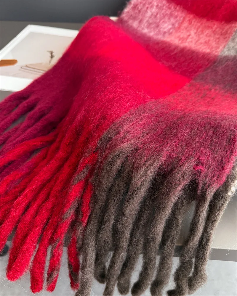 Warmer Dicker Winterschal für Damen, Mohair, Kariert, Weicher Quastenschal, Pashmina, Großer Halsdecken-Schal – Detail 31
