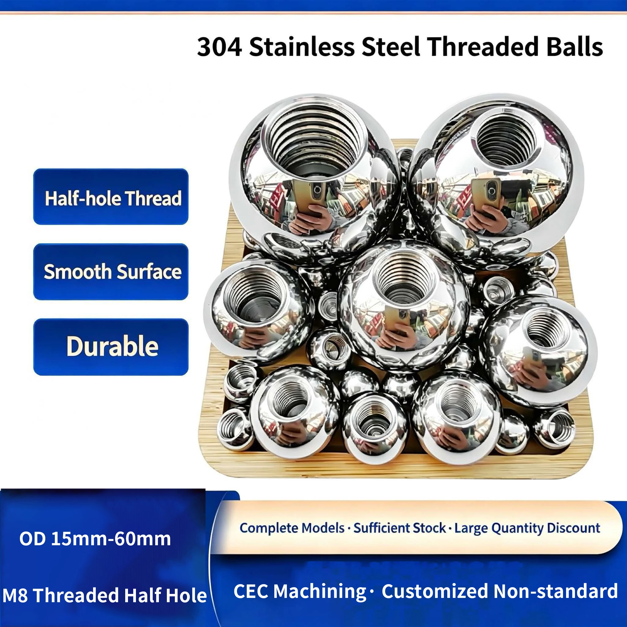 1/2/5/10pcs M8 Metric Thread Half Hole Ball  Stainless Steel Drilling Balls Female Thread Blind Hole Bead Outer Diameter 15-60mm