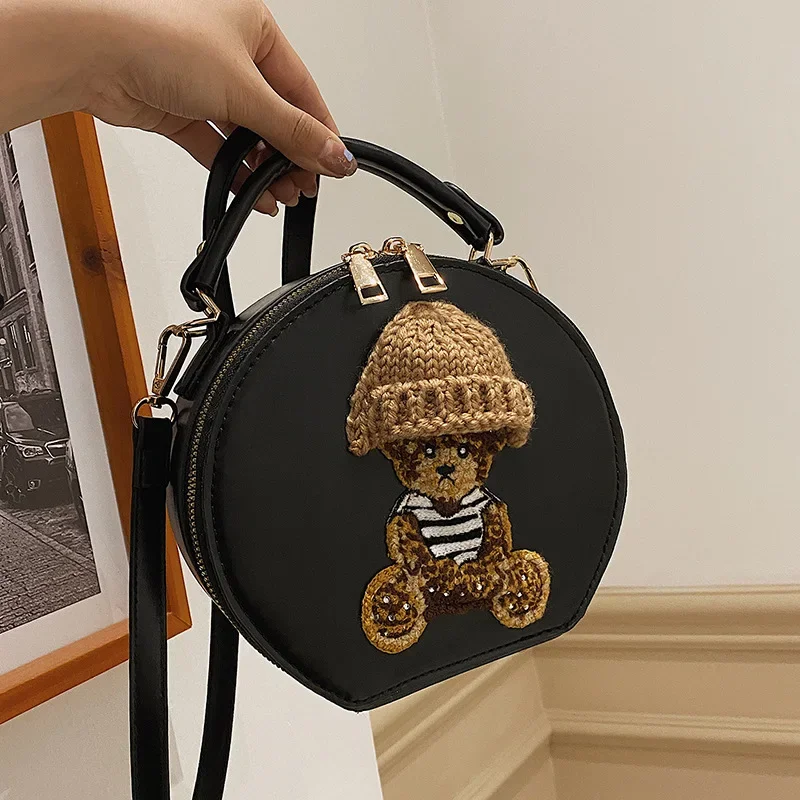 Cartoon Cute Bags for Women New Luxury Designer Handbag Bear Small Round Crossbody Bags Female Vintage Leather Shoulder Bag