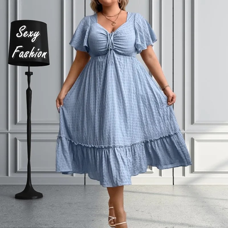 

XL-4XL Summer Women Clothing Plus Size Dresses Solid Color Patchwork Short Sleeve Loose Casual Elegant Long Dress Female Outfits