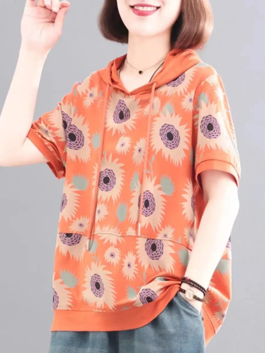 

Summer New T-Shirt Print Loose Casual Hooded Matching Short Sleeve Top