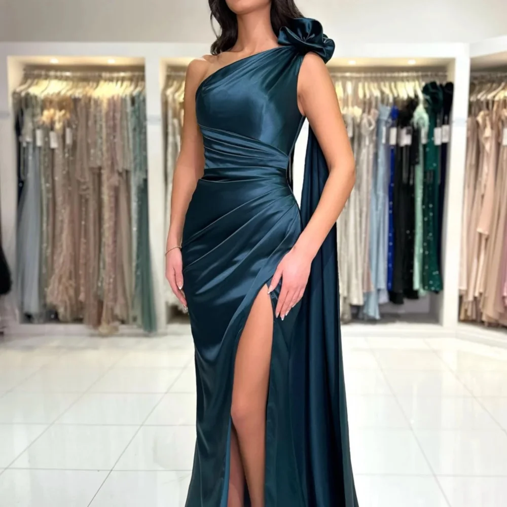 Deep Tail Blue Bodycon Ball Gown Floral Shoulder Dinner Elegant Thigh Slit Satin Bridesmaid Dress Special Occasion Dress