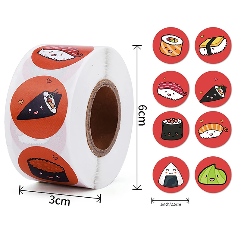 【1Roll 2,5 cm ronde cartoon sushi patroon sticker verjaardag bruiloft decor sticker gebakken dessert lunchbox label sticker】 - afbeelding 1