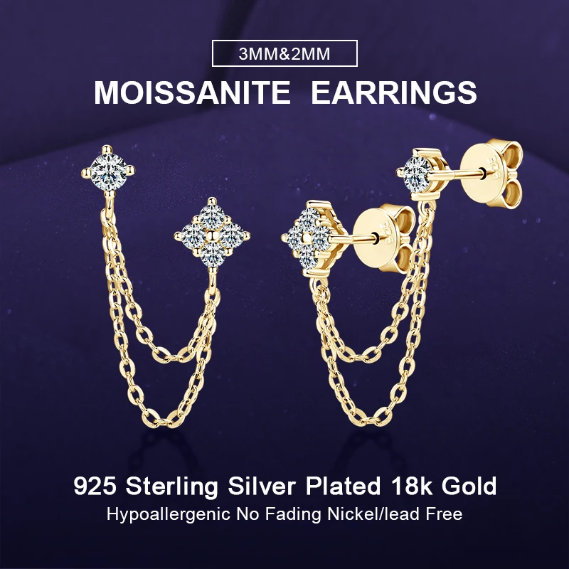 

IOGOU 1PC 3mm&2mm Round Moissanite Tassel Earrings for Women Real 925 Sterling Silver Double Studs High Quality Wedding Jewelry