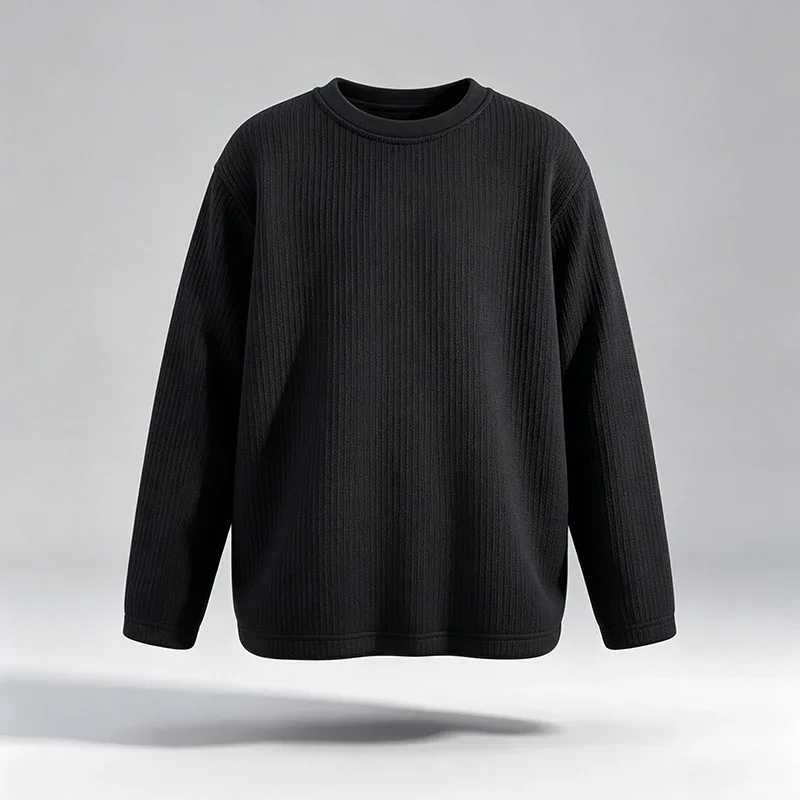 Men Vertical Ribbed Crew Neck Long Sleeve T Shirt Loose Fit Soft Knit Texture Casual Tops Breathable Basic Daily Shirts view 3