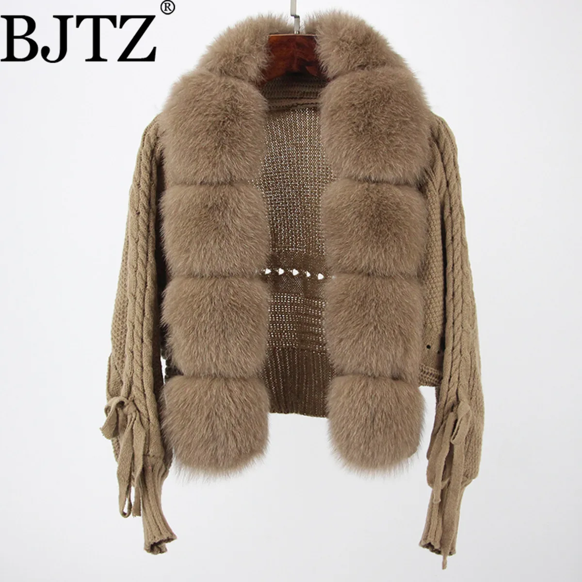 

BJTZ Элегантный темпераментный нишевый дизайнерский вязаный топ 2025 Новый осенний вязаный кардиган с отделкой из лисьего меха для женщин