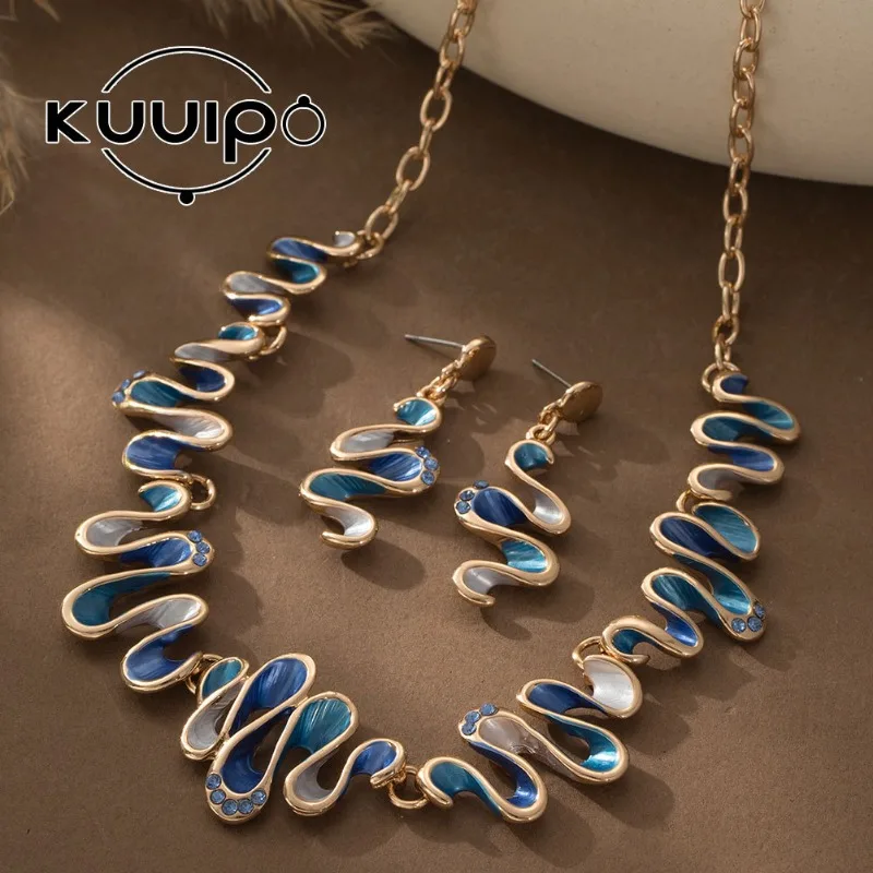 Geometric Wave Enamel Jewelry Set, Unique Design Alloy Necklace And Earrings Elegant Fashion Accessories For Women