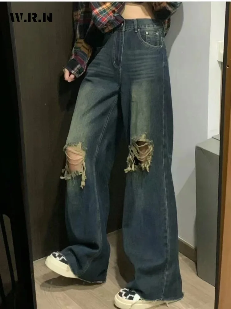 Women's Vintage Harajuku Y2K Loose Jeans Hollow Out Blue Pants 2024 Summer Wide Leg Trashy Style Baggy Ripped Denim Trouser