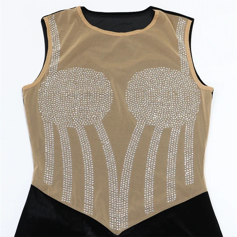 Sexy Mesh See Through Birthday Dress Women Nightclub Party Sparkly Diamonds Rhinestone Velvet Patchwork Bodycon Cocktail Dresses