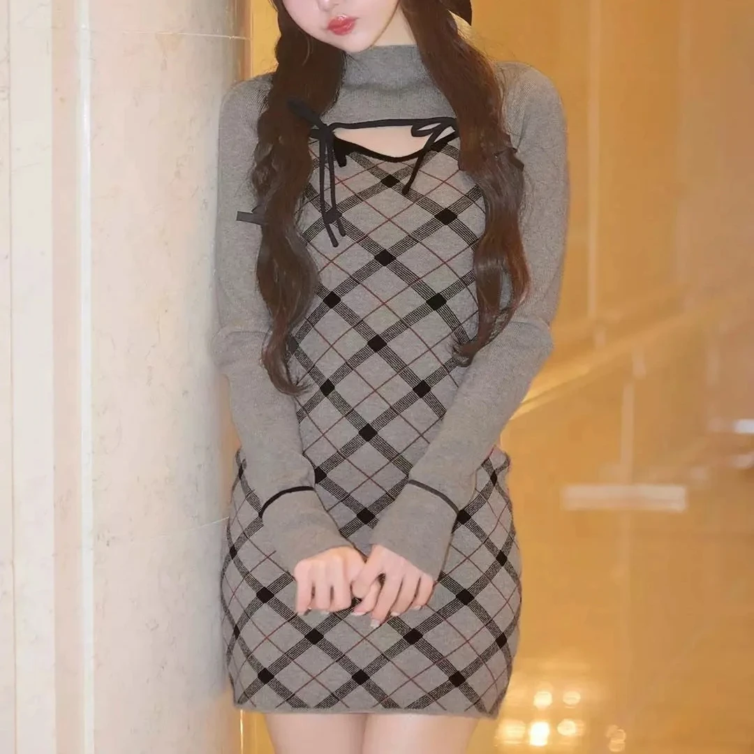 

Gagarich 2026, японская мода, осень-весна, стиль Pure Desire, вязаная толстовка с высоким воротником и длинными рукавами + юбка в клетку, комплект