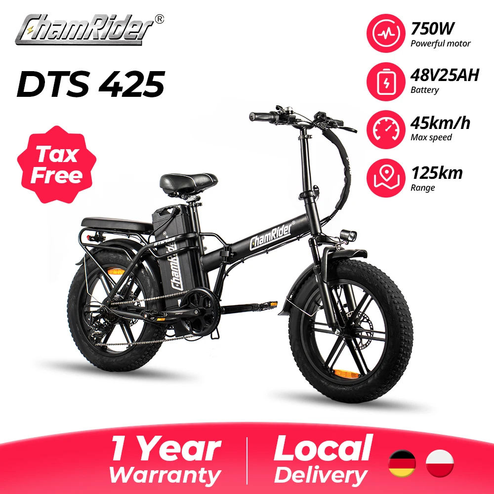 Vélo électrique ChamRider DTS425 750W, batterie 25AH, portée 167+ KM EN15194, Charge rapide 7H, étanche IP67, pour la livraison alimentaire
