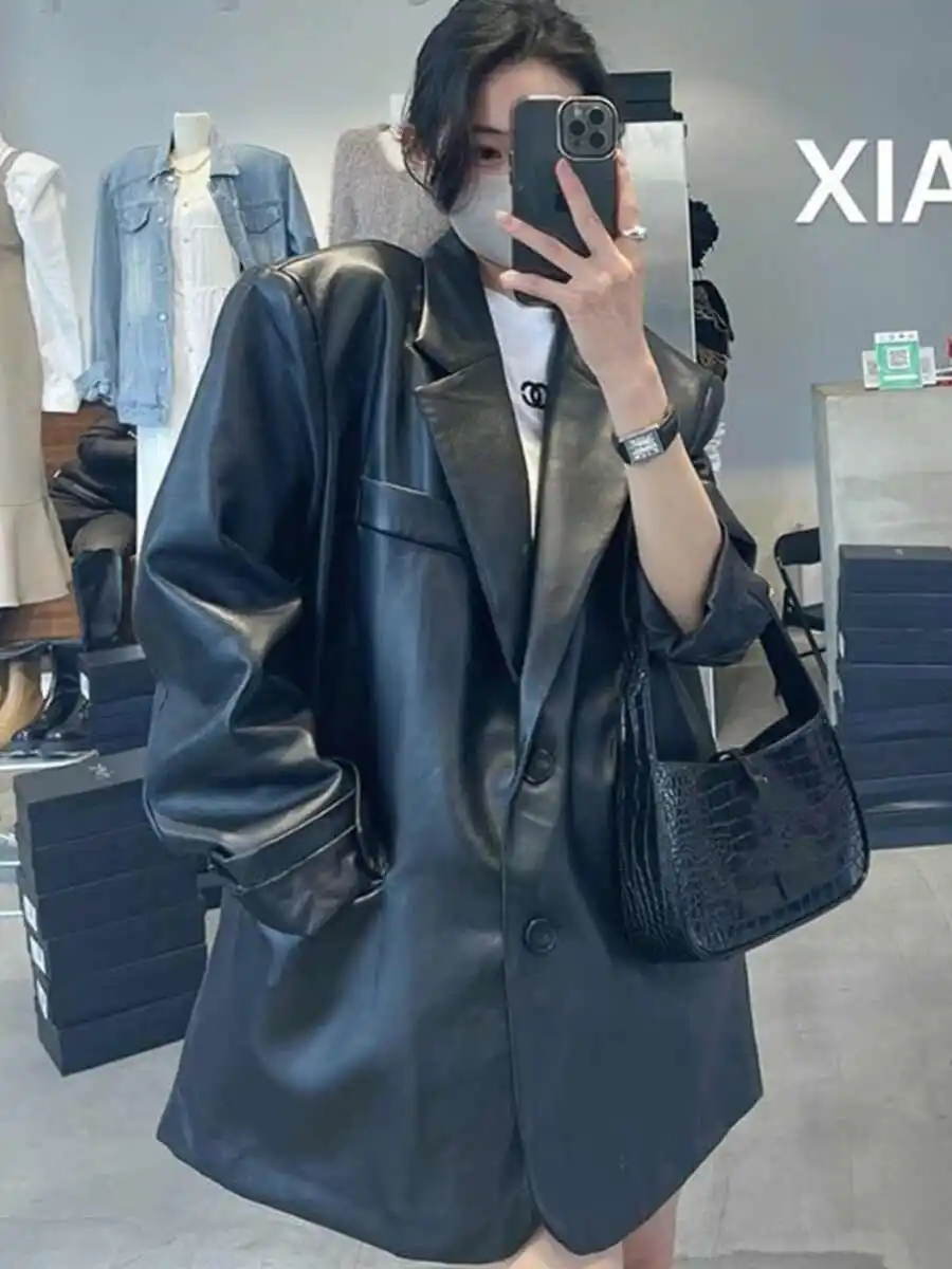 

Модная кожаная куртка в гонконгском стиле, женская, весенне-осенняя, новая модель, с отложным воротником, из искусственной кожи, верхняя одежда