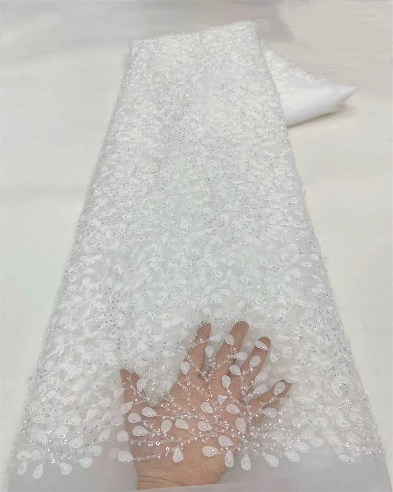 African French Nigerian High-End Tulle Lace Fabric with Beads Sequins for Wedding Party Dresses Bride Sewing Mesh Embroidery