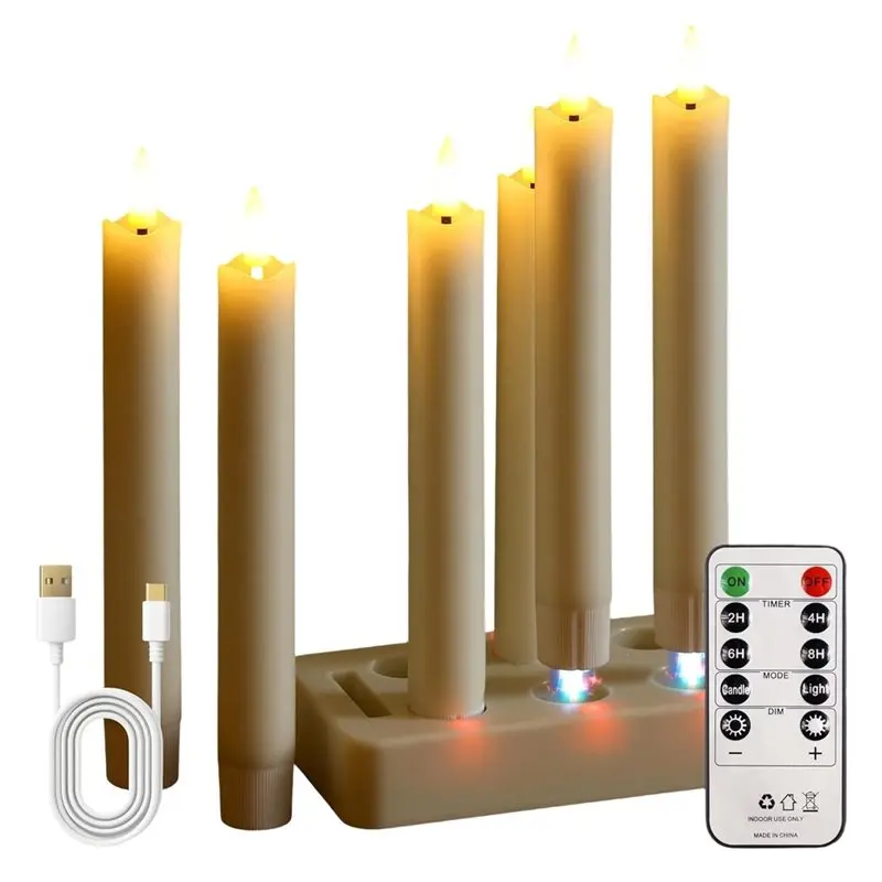TFORU-Rechargeable LED Taper Candles With Remote Timer, Wax Set Of 6 With Charging Station,Flickering 3D-Wick Warm Light