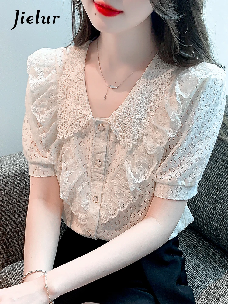 

Jielur Summer New French Lace Women Shirt Chicly Sweet Ladies Elegant Slim Shirt Woman Apricot Ruffled V-Neck Loose Top Female