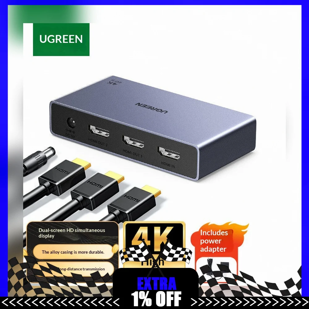 UGREEN 55491 AP500 HDMI 1.4 Splitter 1 In 2 Out 4K 30Hz Dual Display Video Distribution Adapter with EDID Switch