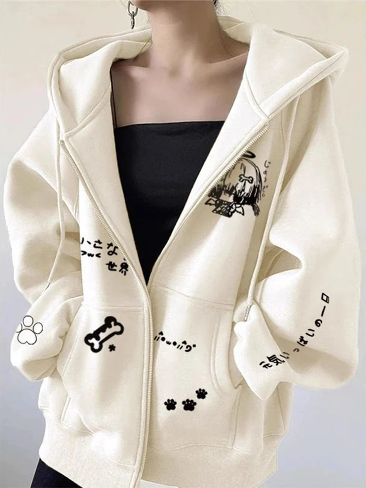 日本の漫画プリントパーカー女性かわいい怠惰な風ジッパーフード付きスウェットルーズカジュアル純粋な綿プレッピー原宿トップス