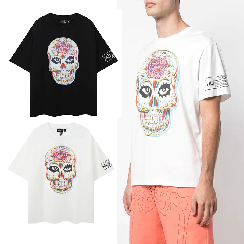 

New Black White HACULLA T-shirt Men Woman 1:1 High Quality Graffiti Skull Printing Casual Loose Top Tees