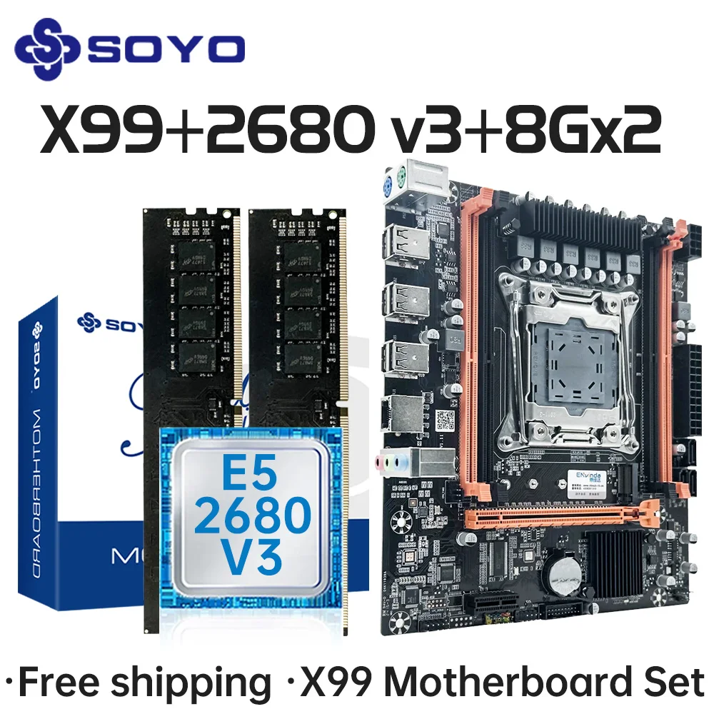 SOYO Computer Components X99 Gaming Motherboard Set With LGA2011-3 Xeon E5 2680 V3 CPU DDR4 16GB (2*8GB) 2133MHZ RAM Memory