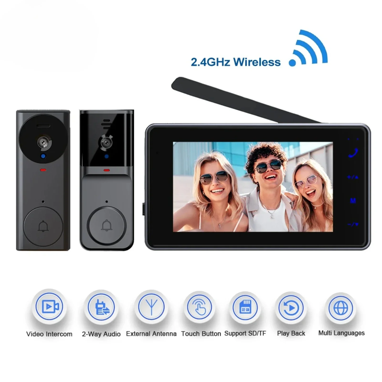 Campanello video wireless con schermo IPS da 4,3 pollici Audio bidirezionale Campanello citofono visivo da 2,4 GHz Campanello di registrazione con antenna