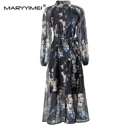 MARYYIMEI Autumn Women's Dress Stand Collar Lantern Sleeved Single-Breasted Lace-Up Folds Print Vacation Style Dresses