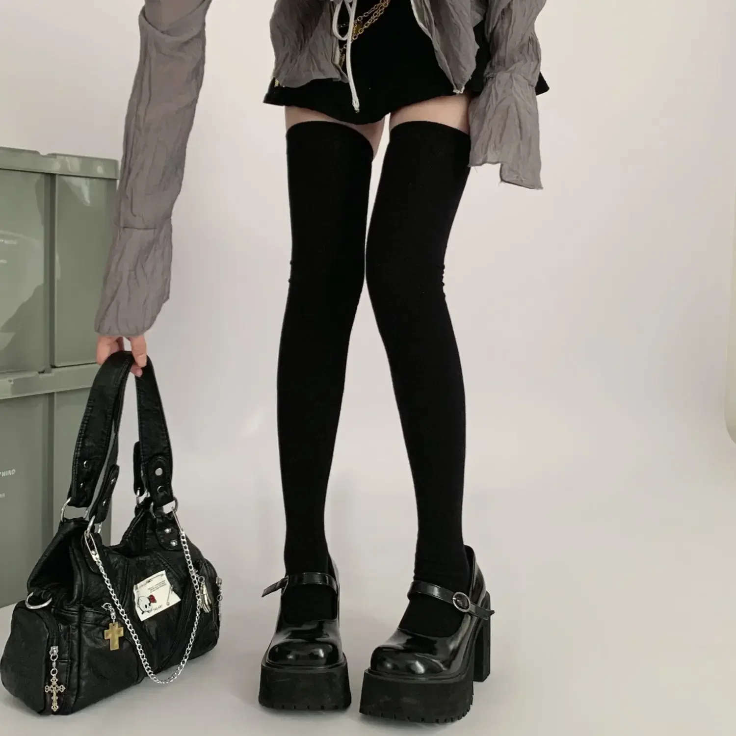 

Long Tube Knee-high Socks for Women Spring Summer Black Extended Thigh Socks Japanese Jk Style Black Chunky Socks Носки Женские