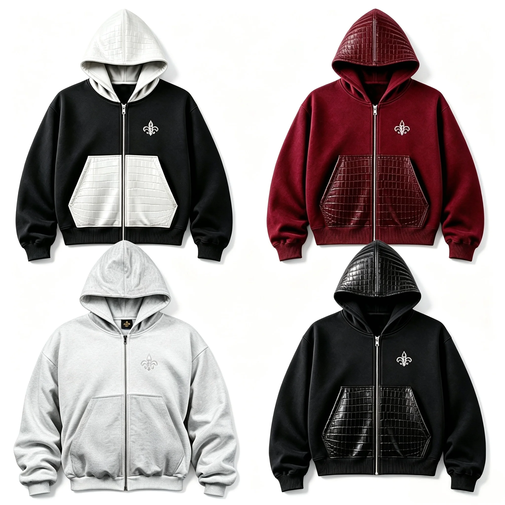 Street Fashion Zip Up Hoodie - Unisex Crocodile Leather Stitching Hooded Sweater